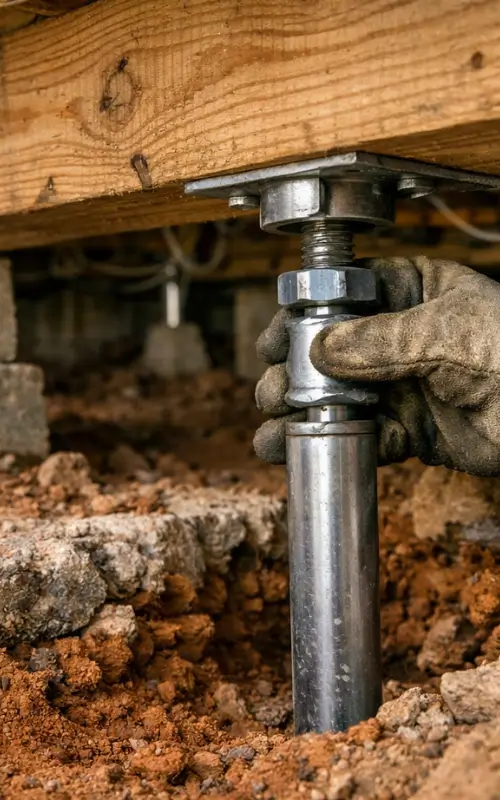 Foundation repair worker adjusting steel pier under wooden beam in Tyler, TX