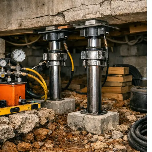 Foundation repair setup with hydraulic jacks, concrete block supports, and pressure gauge system in Tyler, TX