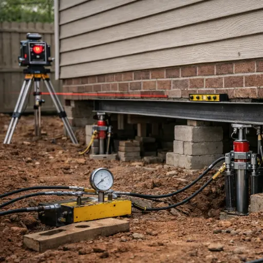 House levelling Foundation repair with hydraulic jacks, pressure gauge, and laser level alignment beside house in Tyler, TX